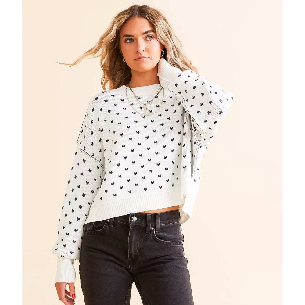 Free People Easy Street Patterned Crop Pullover White Navy Heart Knit Sweater S